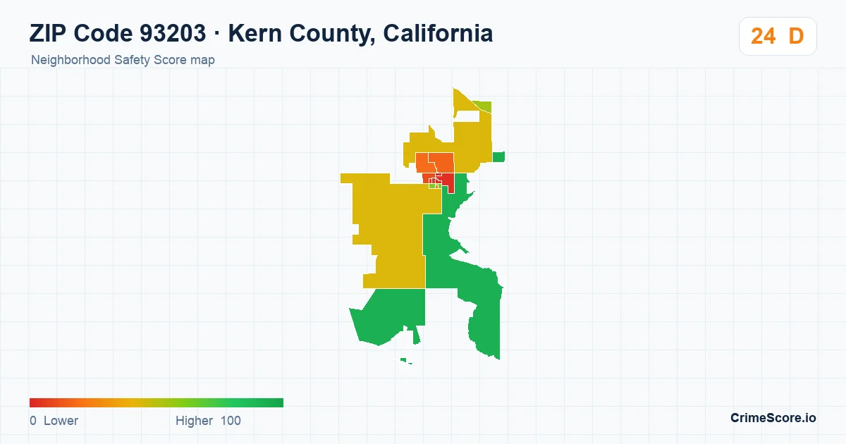 ZIP Code 93203 in Kern County, California neighborhood Safety Score map