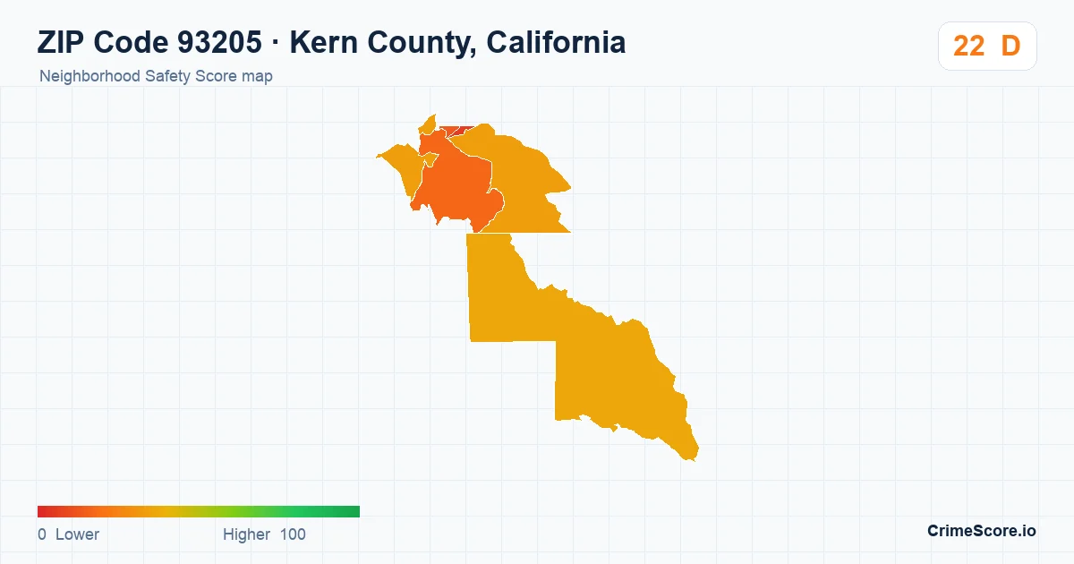 ZIP Code 93205 in Kern County, California neighborhood Safety Score map