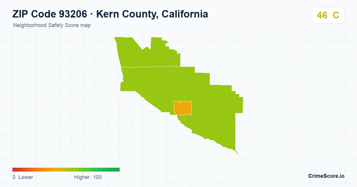 ZIP Code 93206 in Kern County, California neighborhood Safety Score map
