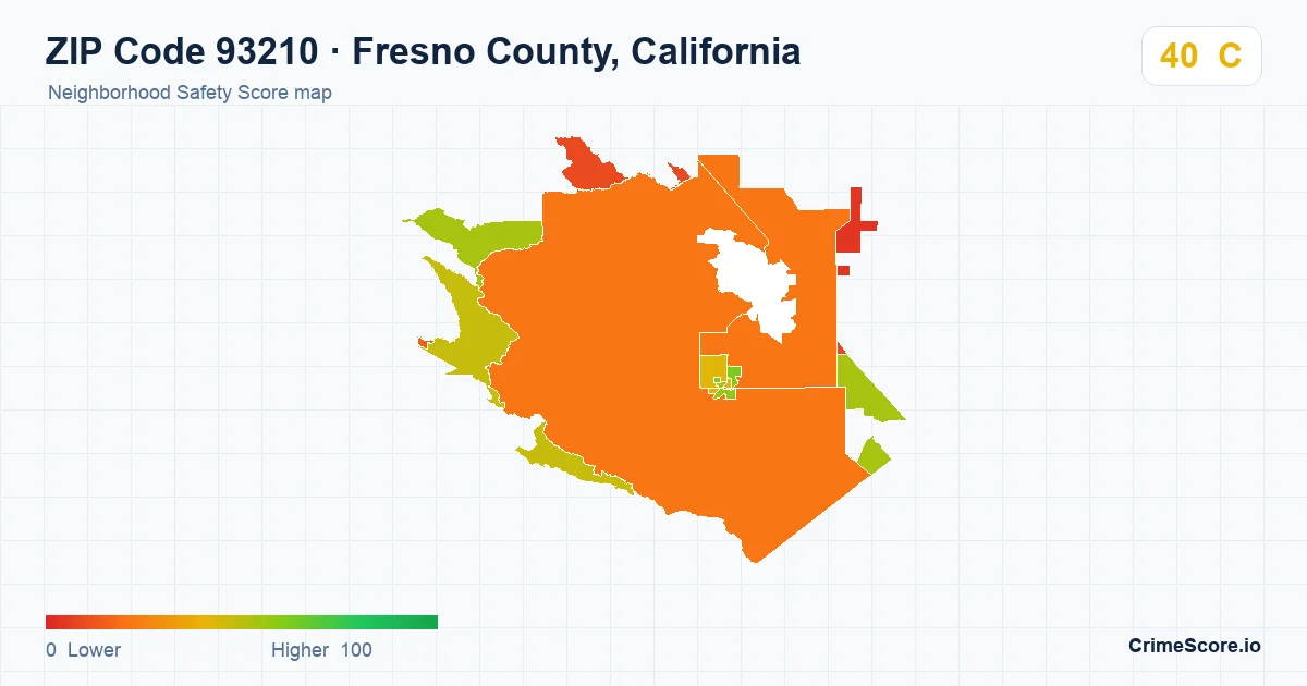 ZIP Code 93210 in Fresno County, California neighborhood Safety Score map