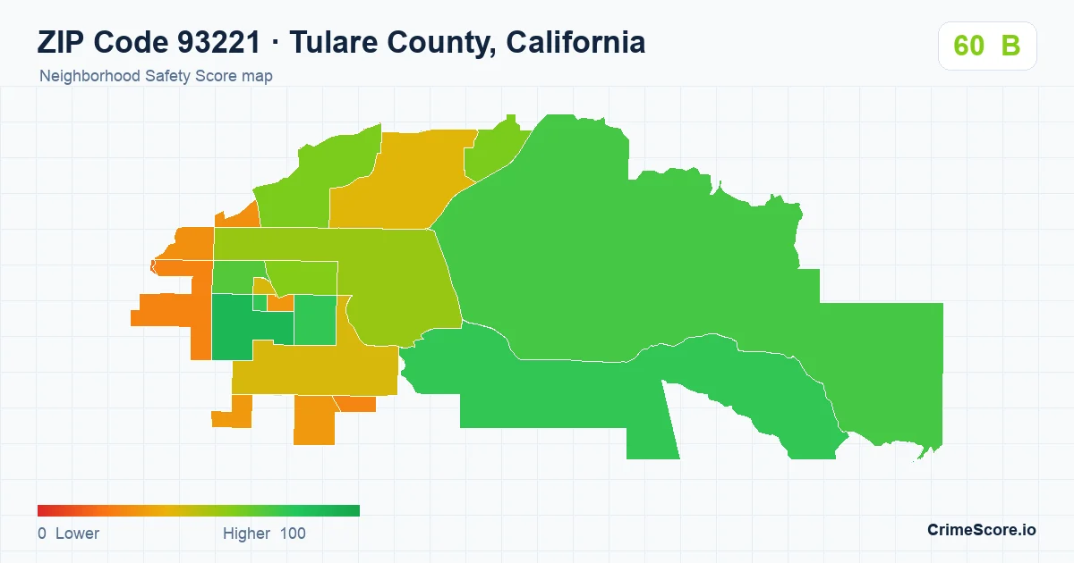 ZIP Code 93221 in Tulare County, California neighborhood Safety Score map