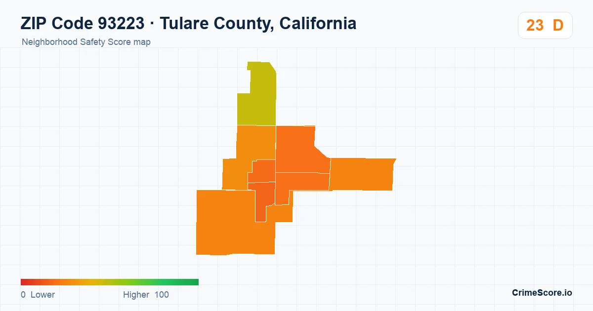 ZIP Code 93223 in Tulare County, California neighborhood Safety Score map
