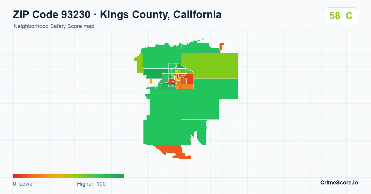 ZIP Code 93230 in Kings County, California neighborhood Safety Score map