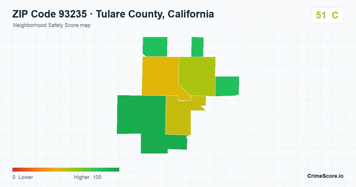 ZIP Code 93235 in Tulare County, California neighborhood Safety Score map