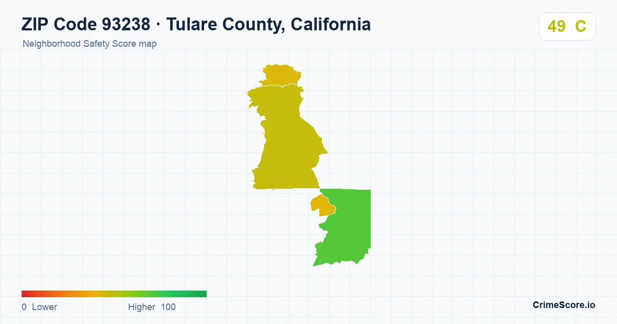 ZIP Code 93238 in Tulare County, California neighborhood Safety Score map