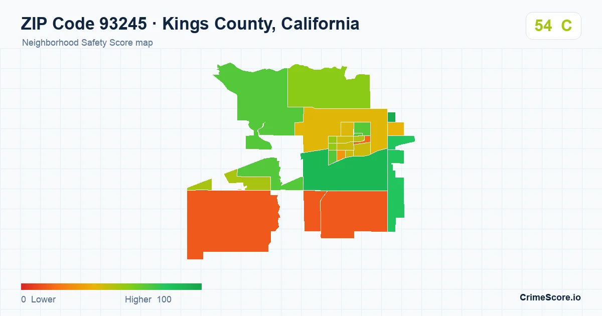 ZIP Code 93245 in Kings County, California neighborhood Safety Score map