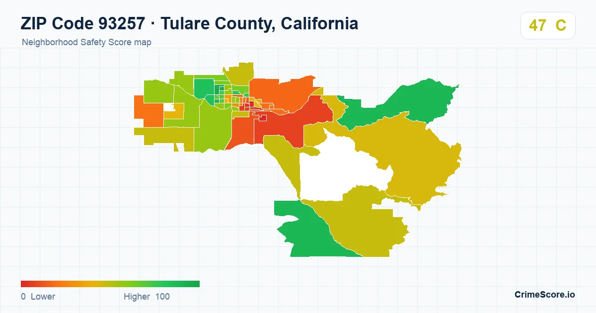 ZIP Code 93257 in Tulare County, California neighborhood Safety Score map