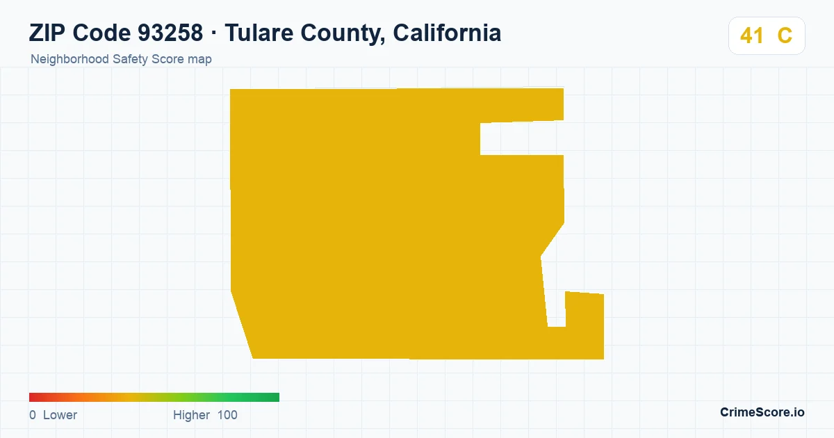 ZIP Code 93258 in Tulare County, California neighborhood Safety Score map