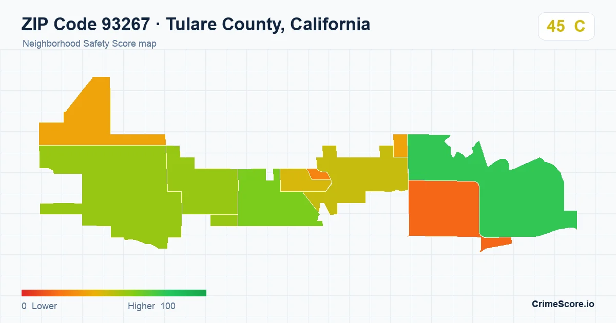 ZIP Code 93267 in Tulare County, California neighborhood Safety Score map