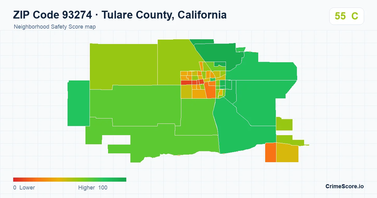 ZIP Code 93274 in Tulare County, California neighborhood Safety Score map
