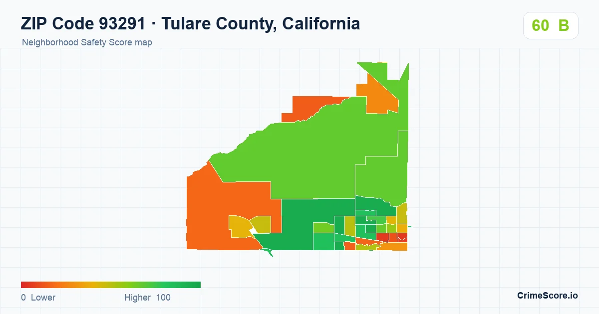 ZIP Code 93291 in Tulare County, California neighborhood Safety Score map