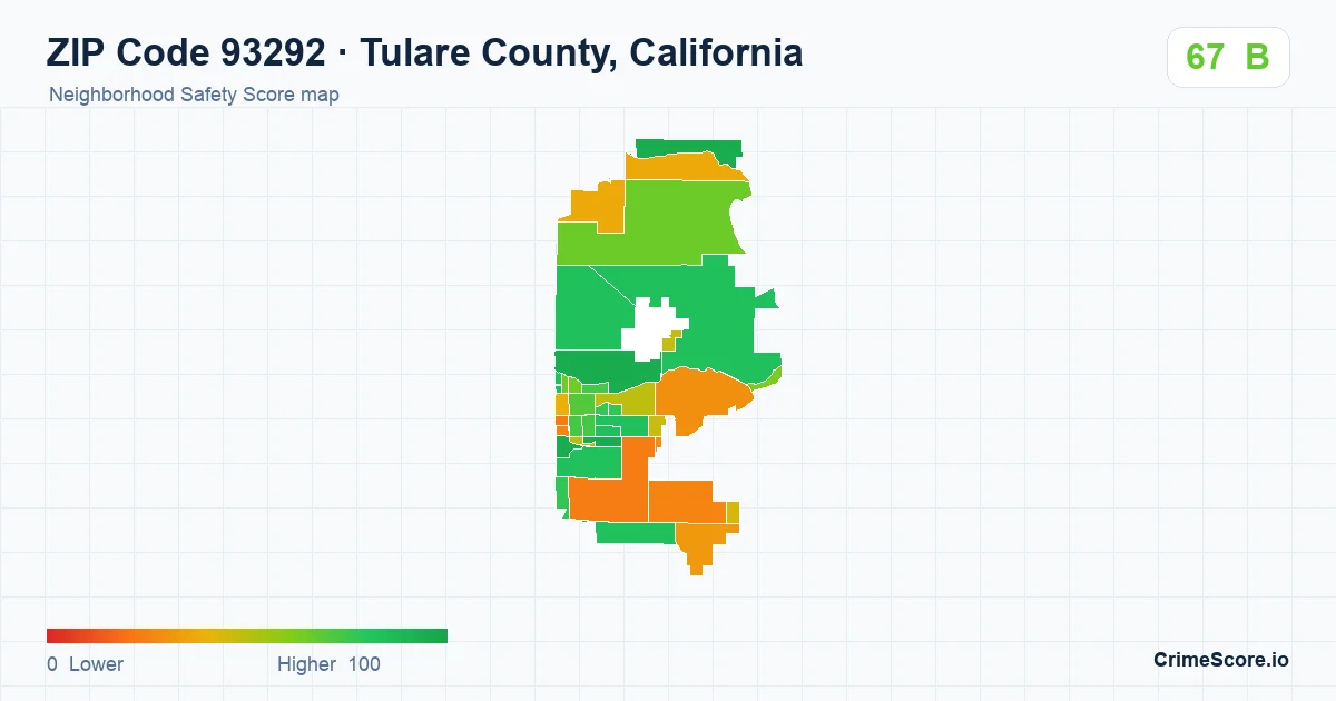 ZIP Code 93292 in Tulare County, California neighborhood Safety Score map