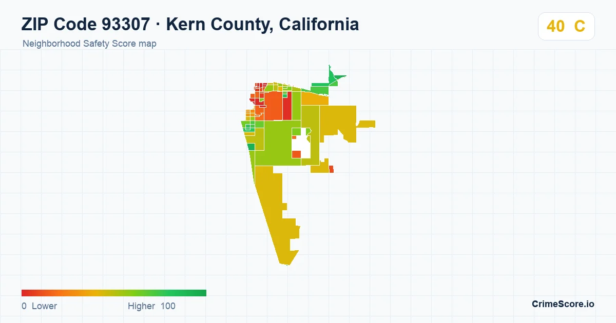 ZIP Code 93307 in Kern County, California neighborhood Safety Score map