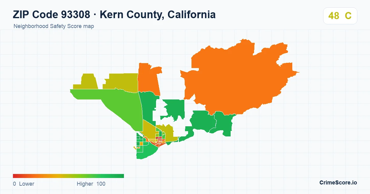 ZIP Code 93308 in Kern County, California neighborhood Safety Score map