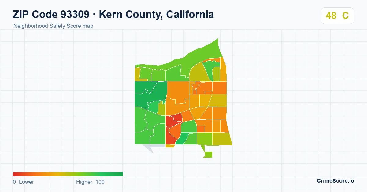 ZIP Code 93309 in Kern County, California neighborhood Safety Score map