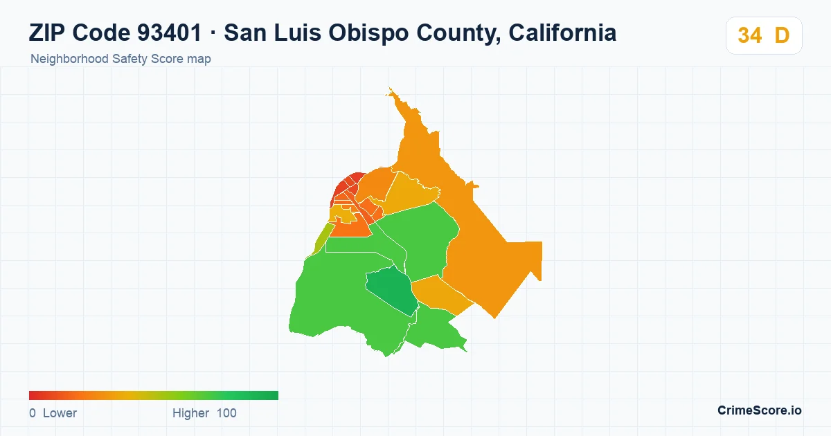 ZIP Code 93401 in San Luis Obispo County, California neighborhood Safety Score map