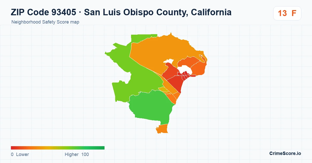 ZIP Code 93405 in San Luis Obispo County, California neighborhood Safety Score map