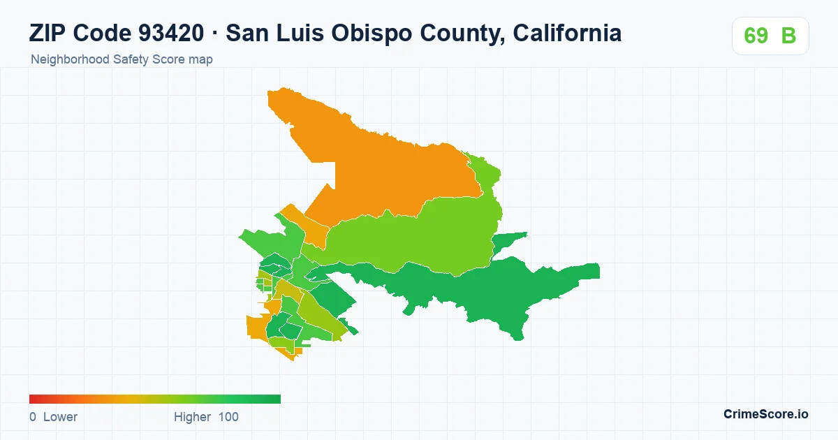 ZIP Code 93420 in San Luis Obispo County, California neighborhood Safety Score map