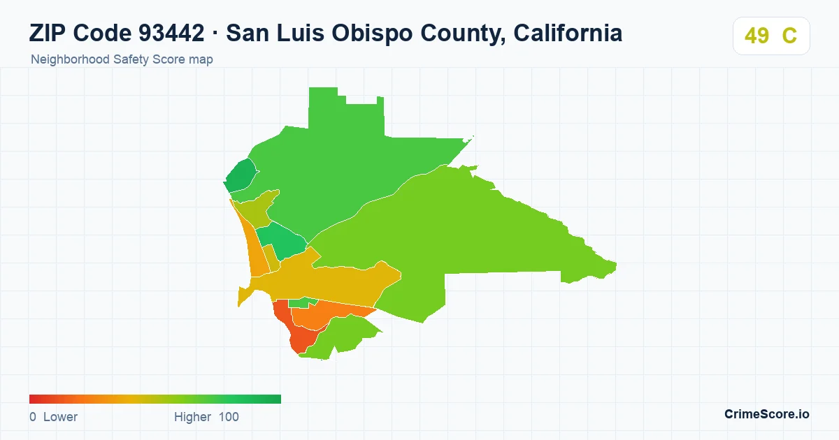 ZIP Code 93442 in San Luis Obispo County, California neighborhood Safety Score map