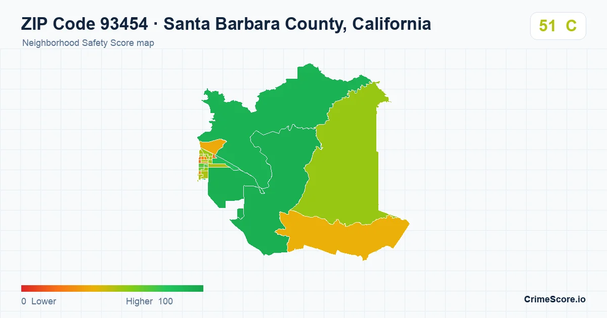 ZIP Code 93454 in Santa Barbara County, California neighborhood Safety Score map