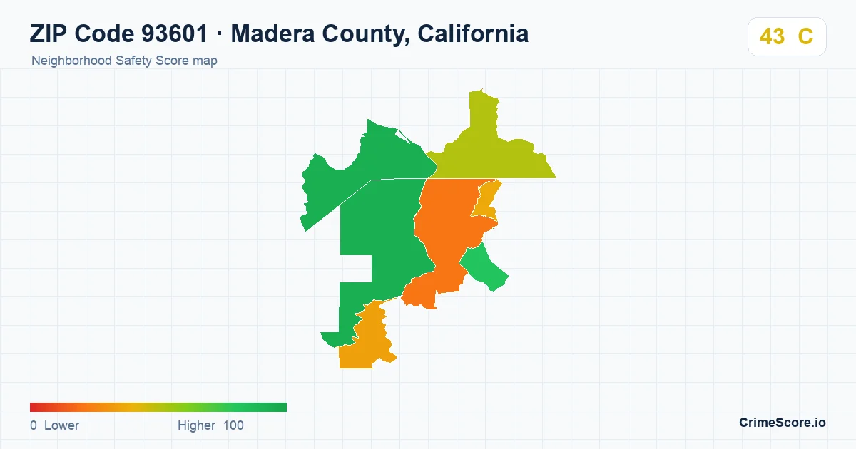 ZIP Code 93601 in Madera County, California neighborhood Safety Score map