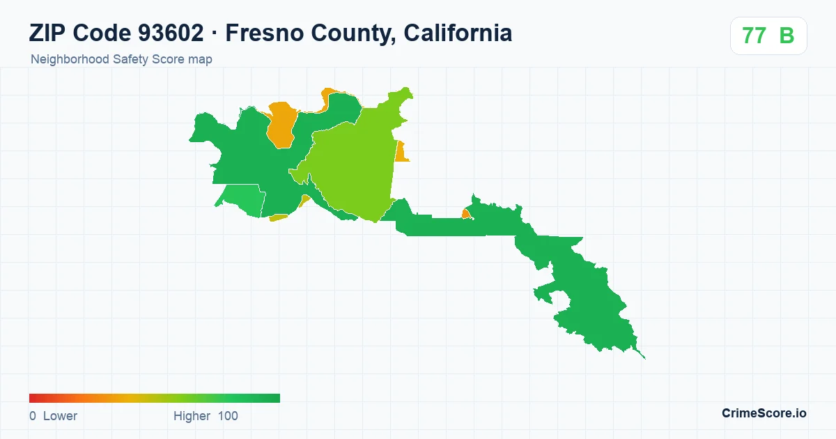 ZIP Code 93602 in Fresno County, California neighborhood Safety Score map
