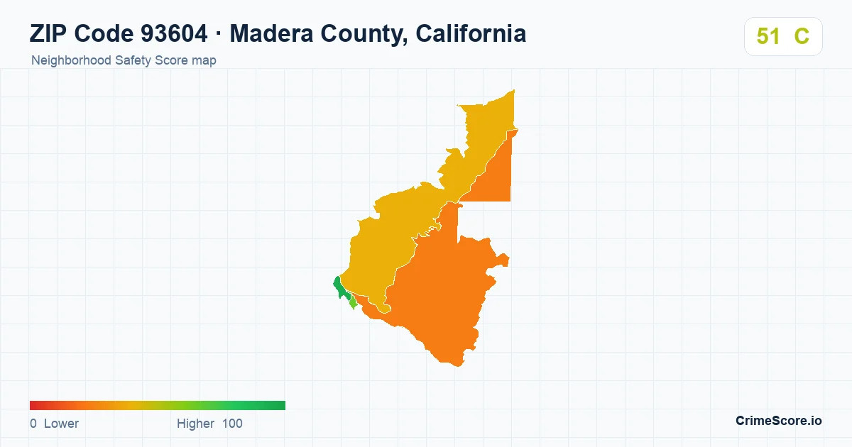 ZIP Code 93604 in Madera County, California neighborhood Safety Score map