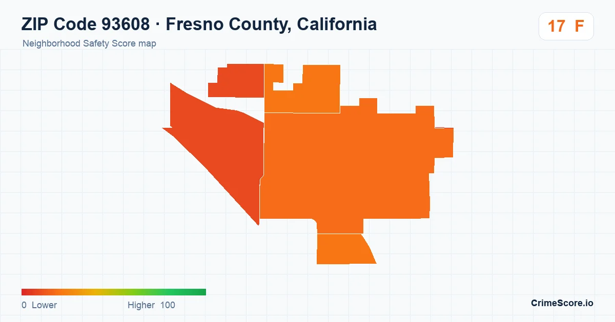 ZIP Code 93608 in Fresno County, California neighborhood Safety Score map