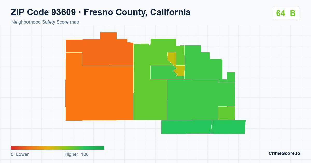 ZIP Code 93609 in Fresno County, California neighborhood Safety Score map