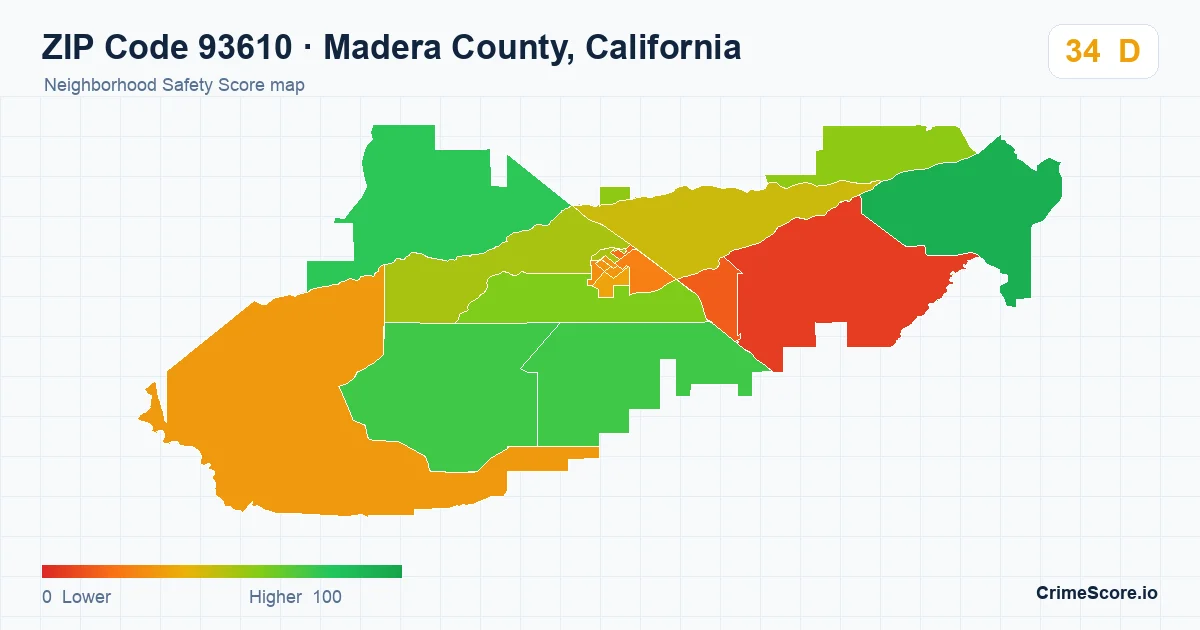 ZIP Code 93610 in Madera County, California neighborhood Safety Score map