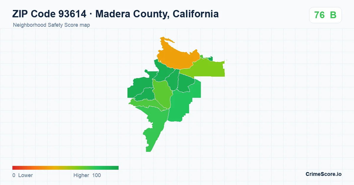 ZIP Code 93614 in Madera County, California neighborhood Safety Score map