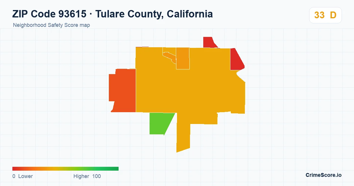 ZIP Code 93615 in Tulare County, California neighborhood Safety Score map