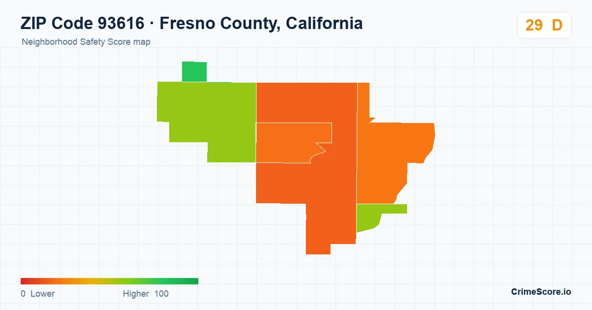 ZIP Code 93616 in Fresno County, California neighborhood Safety Score map