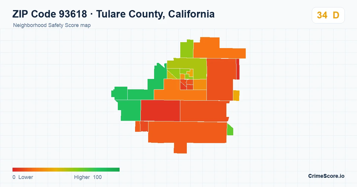 ZIP Code 93618 in Tulare County, California neighborhood Safety Score map
