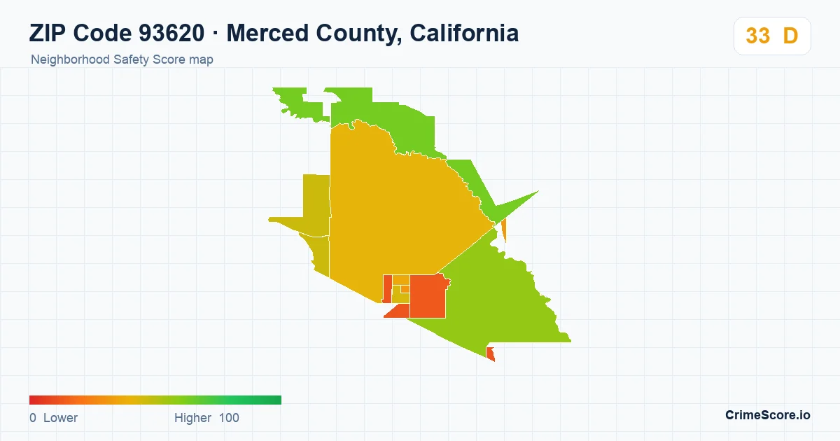 ZIP Code 93620 in Merced County, California neighborhood Safety Score map