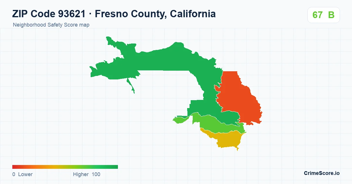 ZIP Code 93621 in Fresno County, California neighborhood Safety Score map