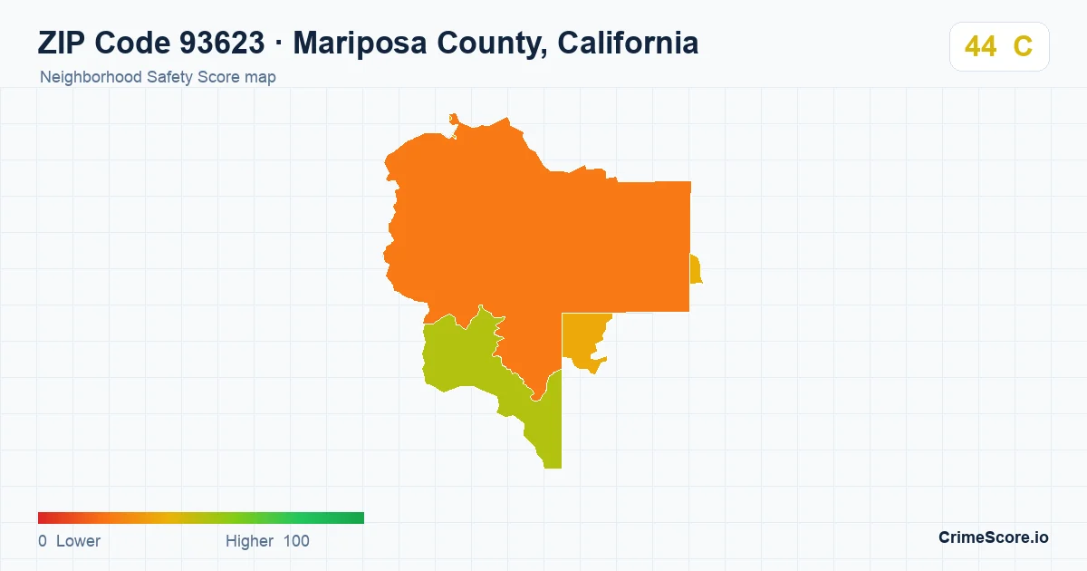 ZIP Code 93623 in Mariposa County, California neighborhood Safety Score map