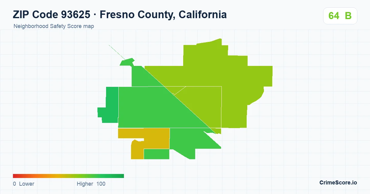 ZIP Code 93625 in Fresno County, California neighborhood Safety Score map