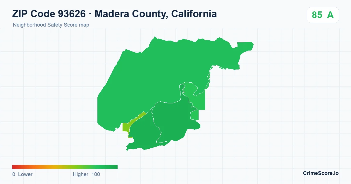 ZIP Code 93626 in Madera County, California neighborhood Safety Score map
