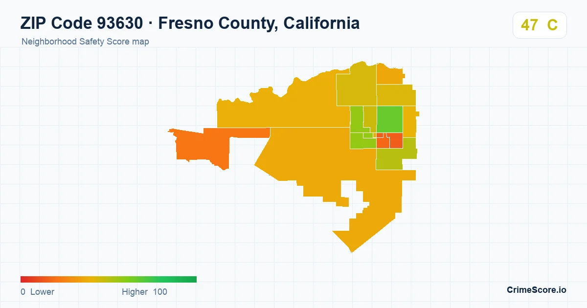 ZIP Code 93630 in Fresno County, California neighborhood Safety Score map