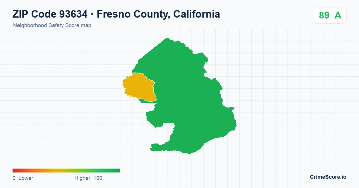 ZIP Code 93634 in Fresno County, California neighborhood Safety Score map