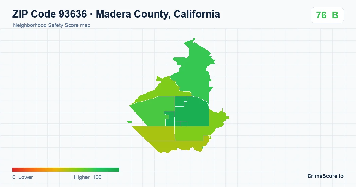 ZIP Code 93636 in Madera County, California neighborhood Safety Score map