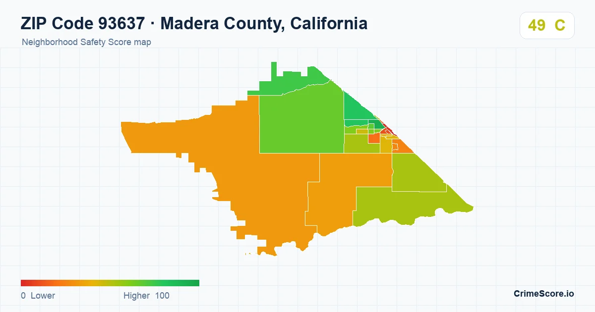 ZIP Code 93637 in Madera County, California neighborhood Safety Score map