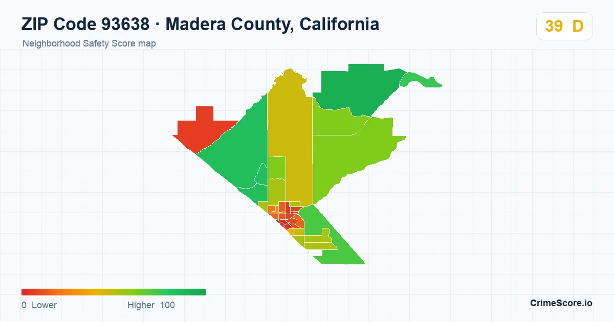 ZIP Code 93638 in Madera County, California neighborhood Safety Score map