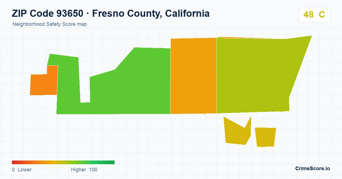 ZIP Code 93650 in Fresno County, California neighborhood Safety Score map