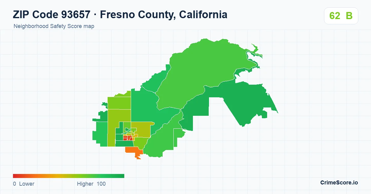 ZIP Code 93657 in Fresno County, California neighborhood Safety Score map