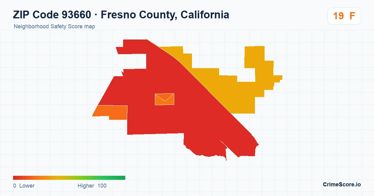 ZIP Code 93660 in Fresno County, California neighborhood Safety Score map
