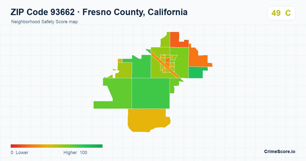 ZIP Code 93662 in Fresno County, California neighborhood Safety Score map