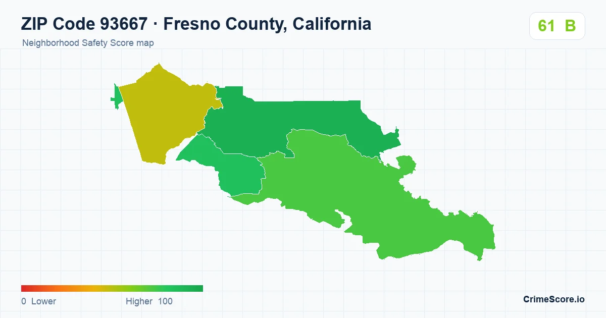 ZIP Code 93667 in Fresno County, California neighborhood Safety Score map