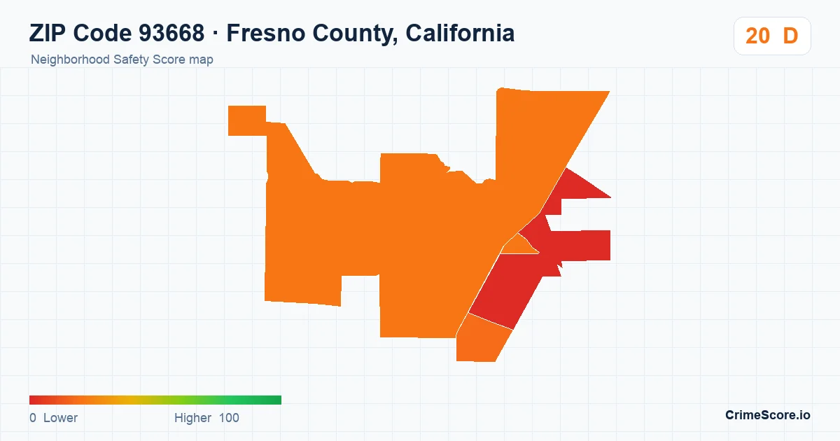 ZIP Code 93668 in Fresno County, California neighborhood Safety Score map